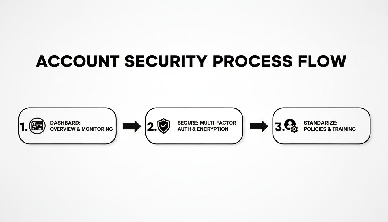 A flow chart illustrating a three-step account security process: monitoring, multi-factor authentication, and policies.