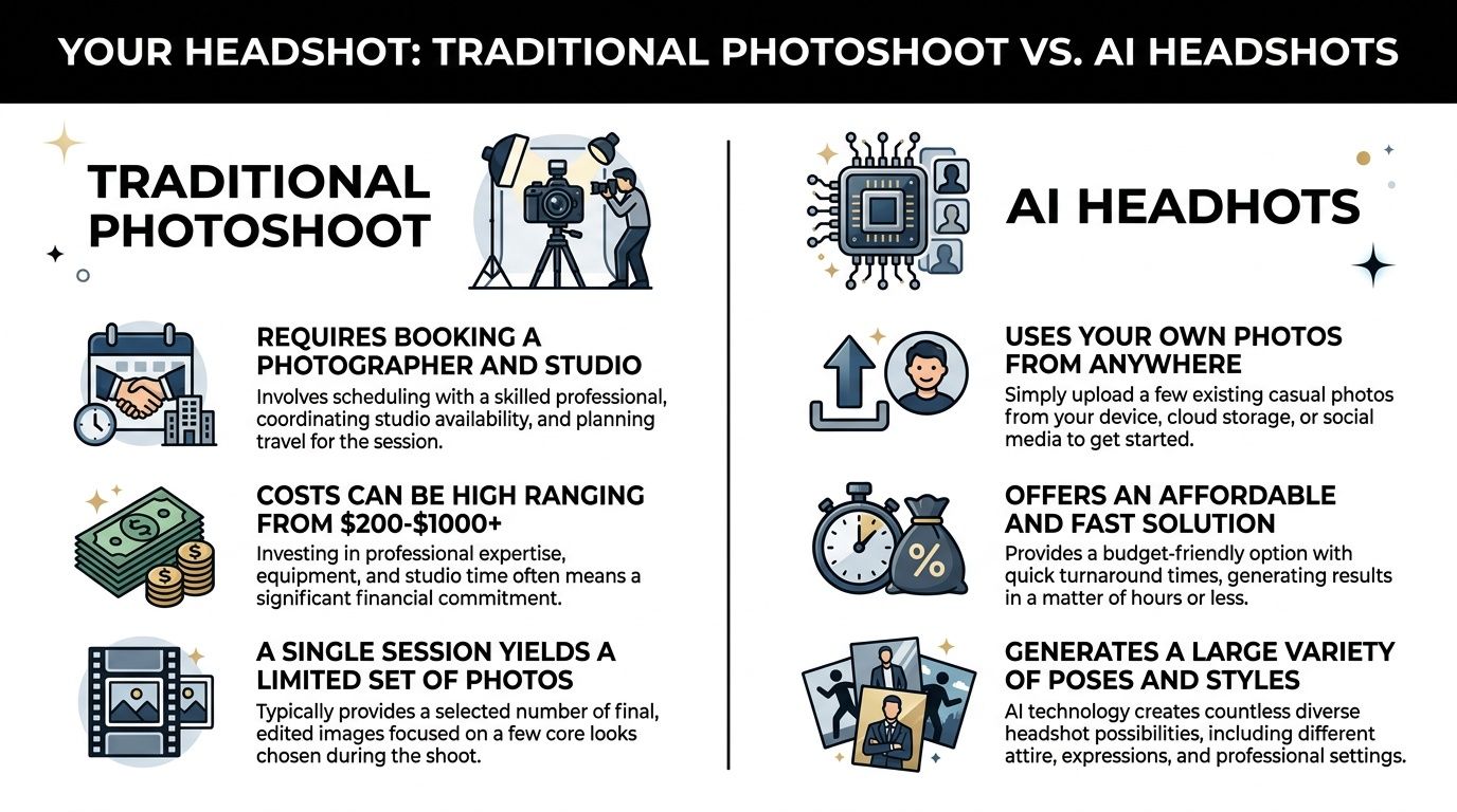 A comparative infographic showing the benefits of AI headshots versus traditional photography sessions for professional images.
