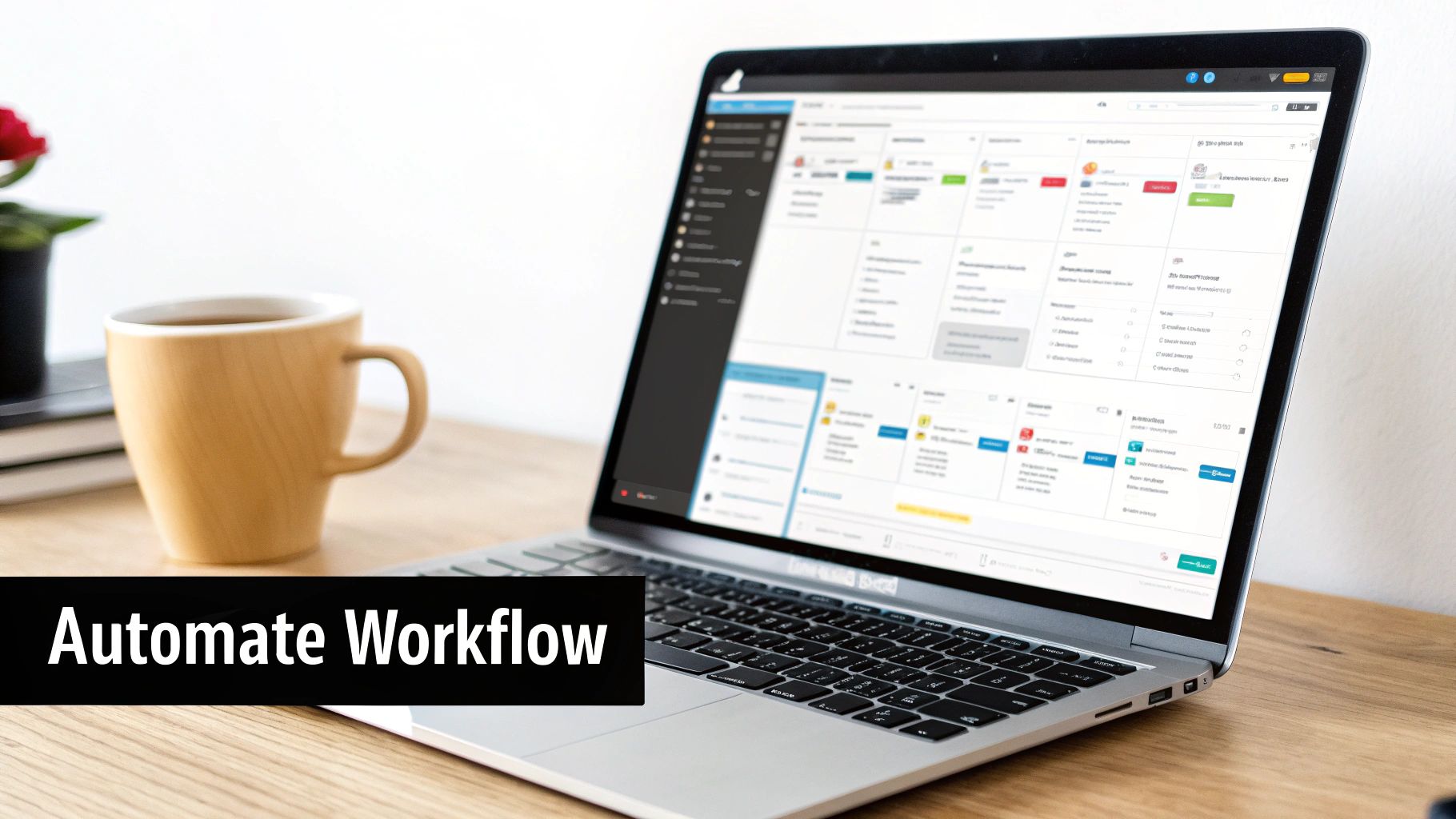 A laptop screen displays workflow automation software on a wooden desk with a coffee mug.