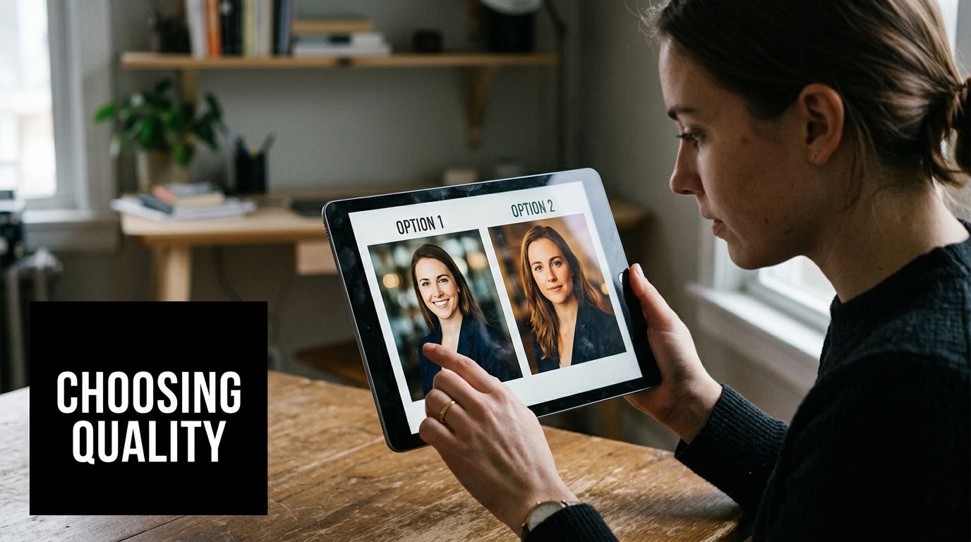 A woman uses a tablet to compare two different professional headshot photo options for her profile.
