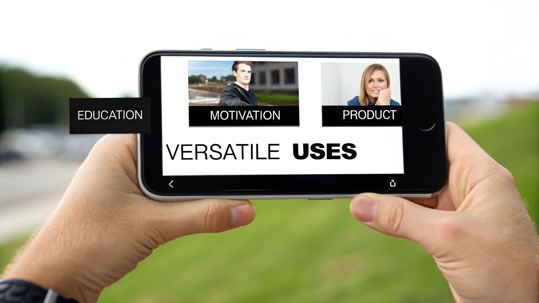 Hands holding a smartphone displaying 'VERSATILE USES' with images of people and categories like 'EDUCATION', 'MOTIVATION', 'PRODUCT' on screen.