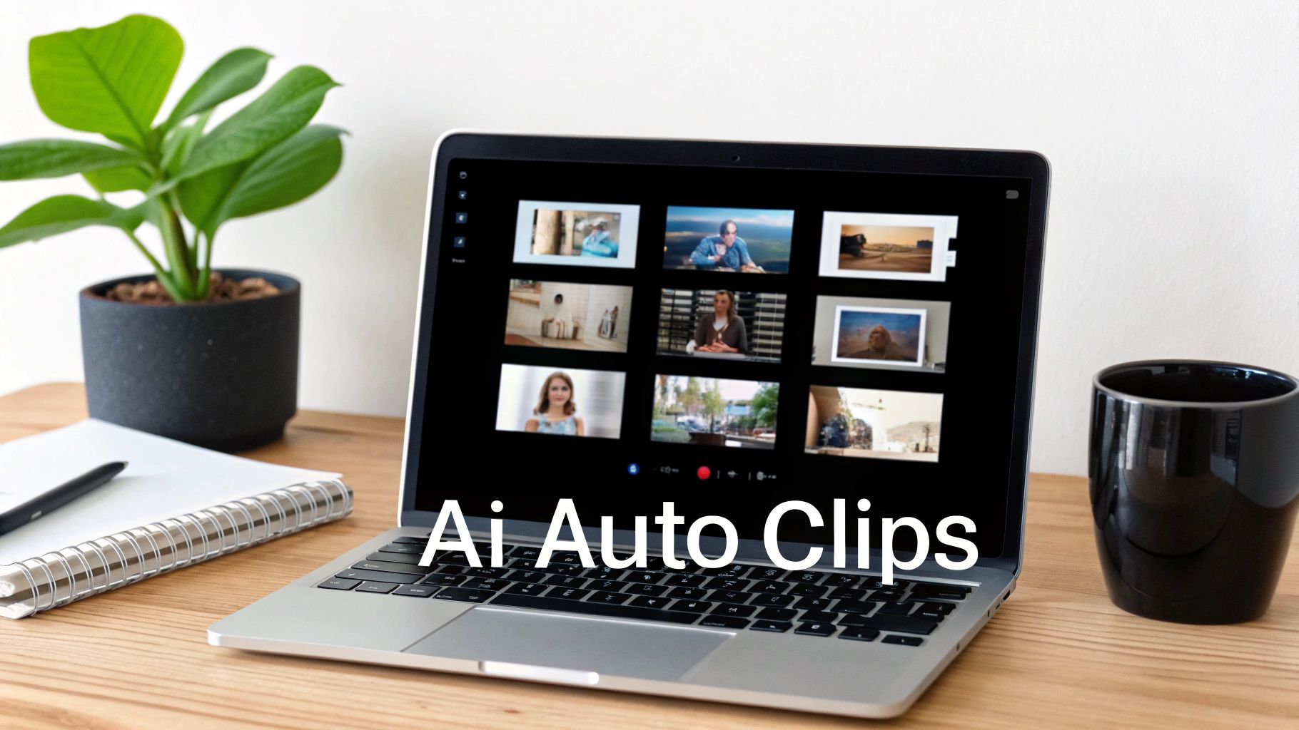 A laptop on a wooden desk displaying 'Ai Auto Clips' over a video conferencing screen.