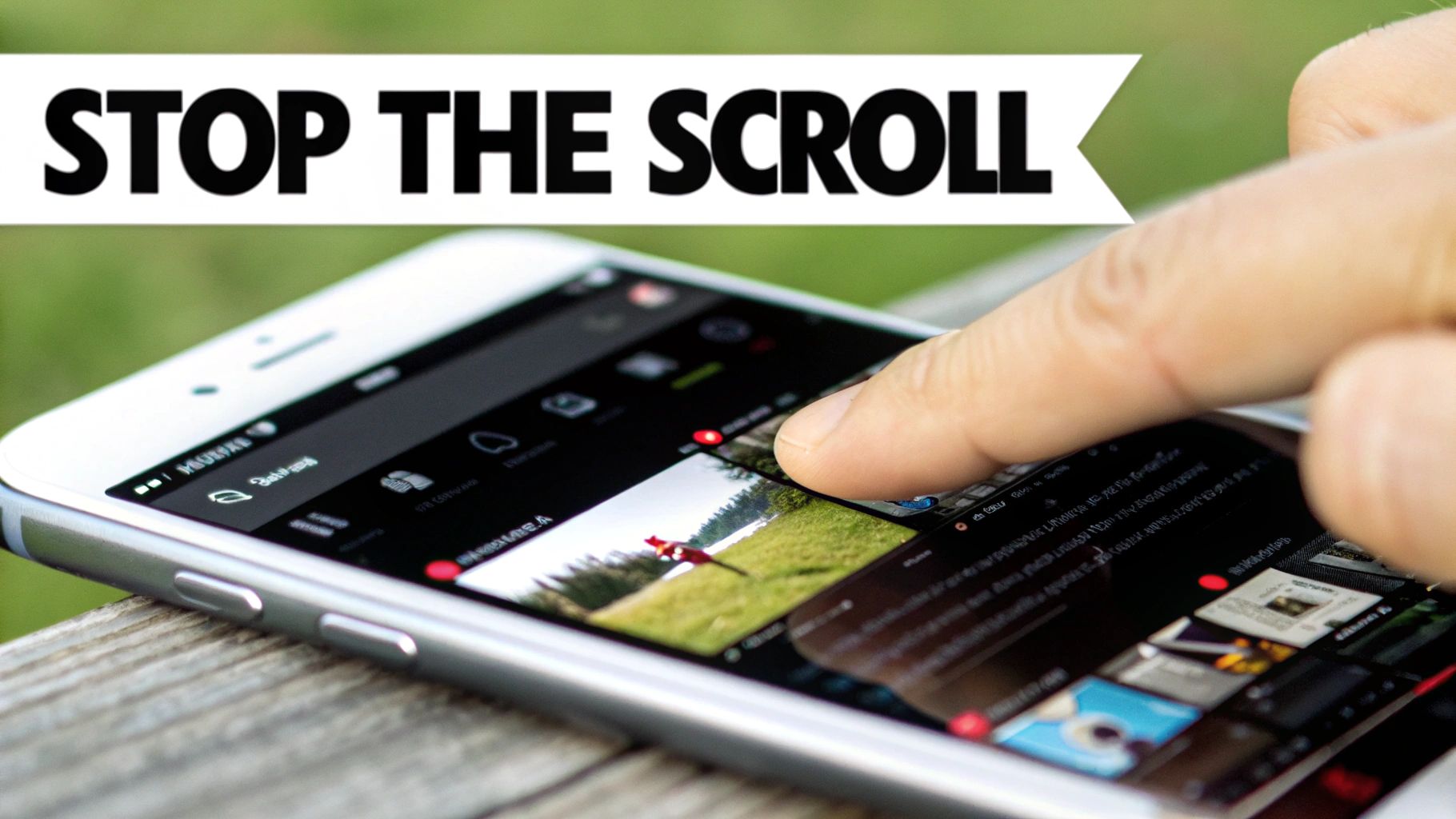 Hand scrolling a smartphone displaying a social media feed with a 'STOP THE SCROLL' banner.