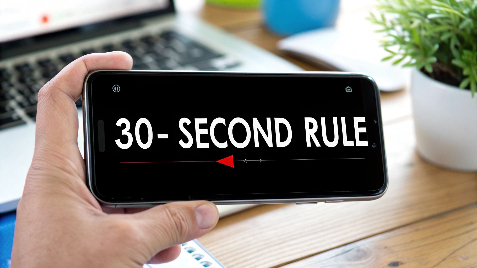 Hand holding a smartphone displaying '30-SECOND RULE' on a video player, with a laptop and plant in the background.