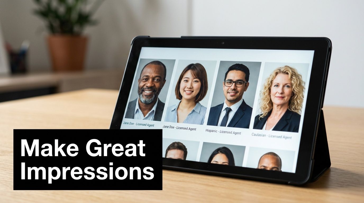 A digital tablet displaying various professional headshots for real estate agents on a wooden desk surface.