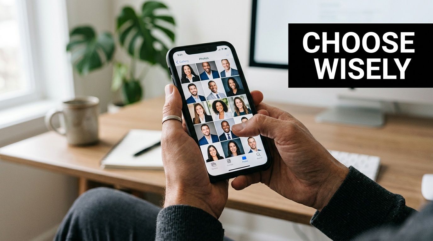 A person holding a smartphone displaying various professional headshot photos in a gallery app interface.