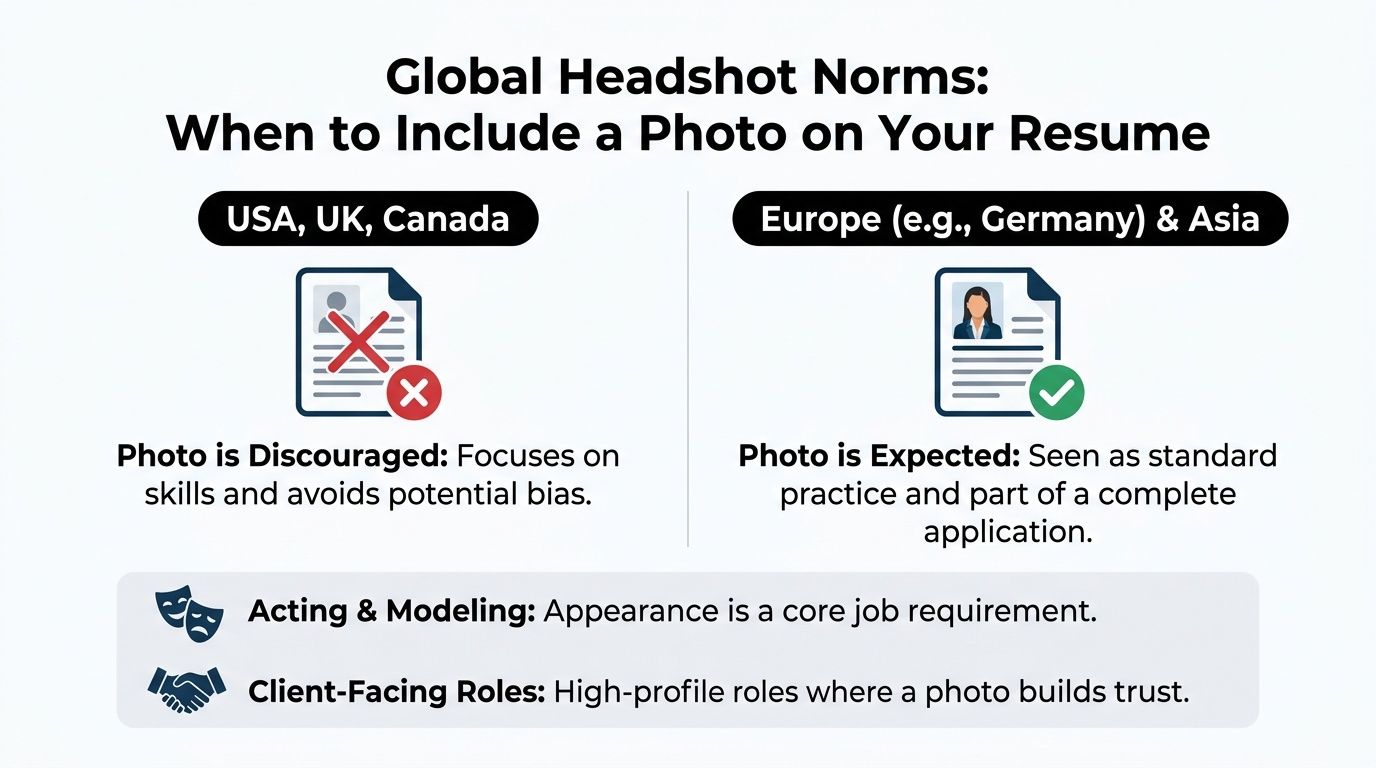 An infographic showing that resume headshots are discouraged in the USA, UK, and Canada, but expected in Europe and Asia.