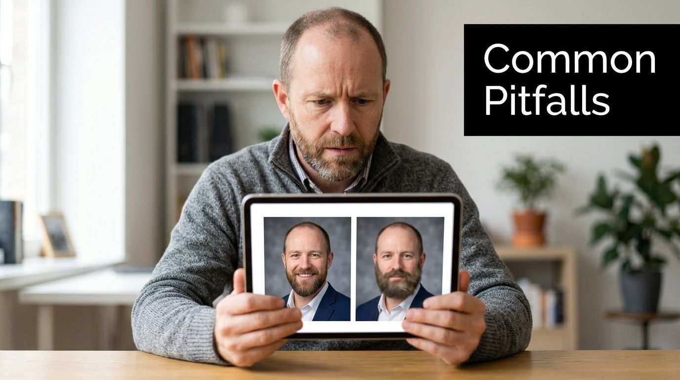 A man looking at a tablet screen displaying two edited photos showing him with different beard styles.