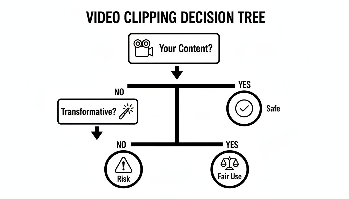 Decision tree flowchart illustrating video clipping rights, covering content ownership, transformative use, fair use, and risk.