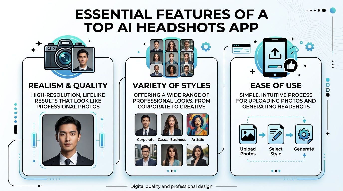 An infographic highlighting the three essential features of a top AI headshots app: realism, style variety, and ease of use.