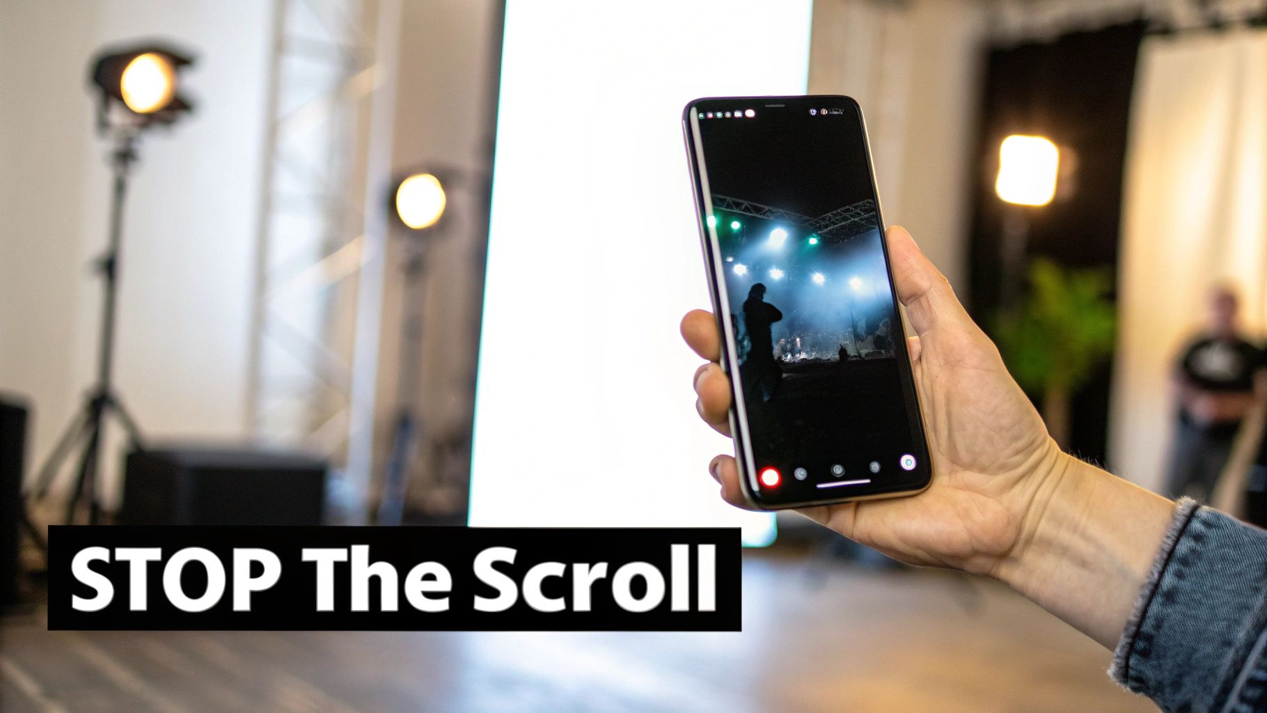 A person's hand holds a smartphone displaying a live concert with vibrant stage lights.