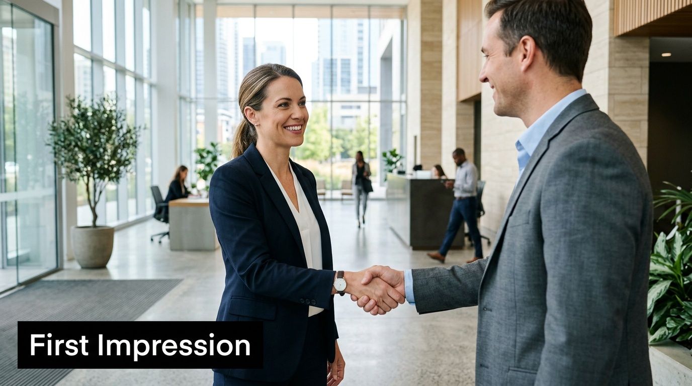 A professional man and woman smiling and shaking hands in a bright, modern corporate office building lobby.
