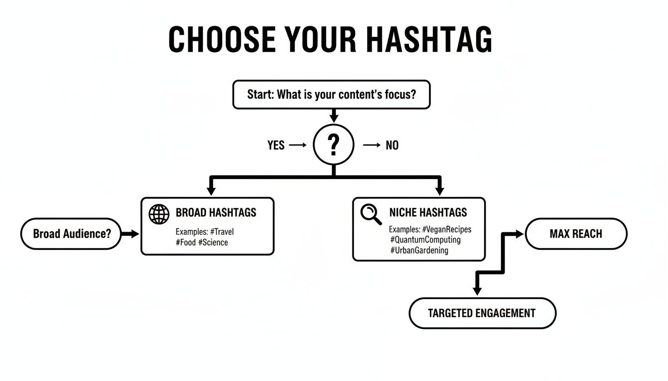 Flowchart guiding hashtag selection for content, distinguishing broad and niche for reach and engagement.