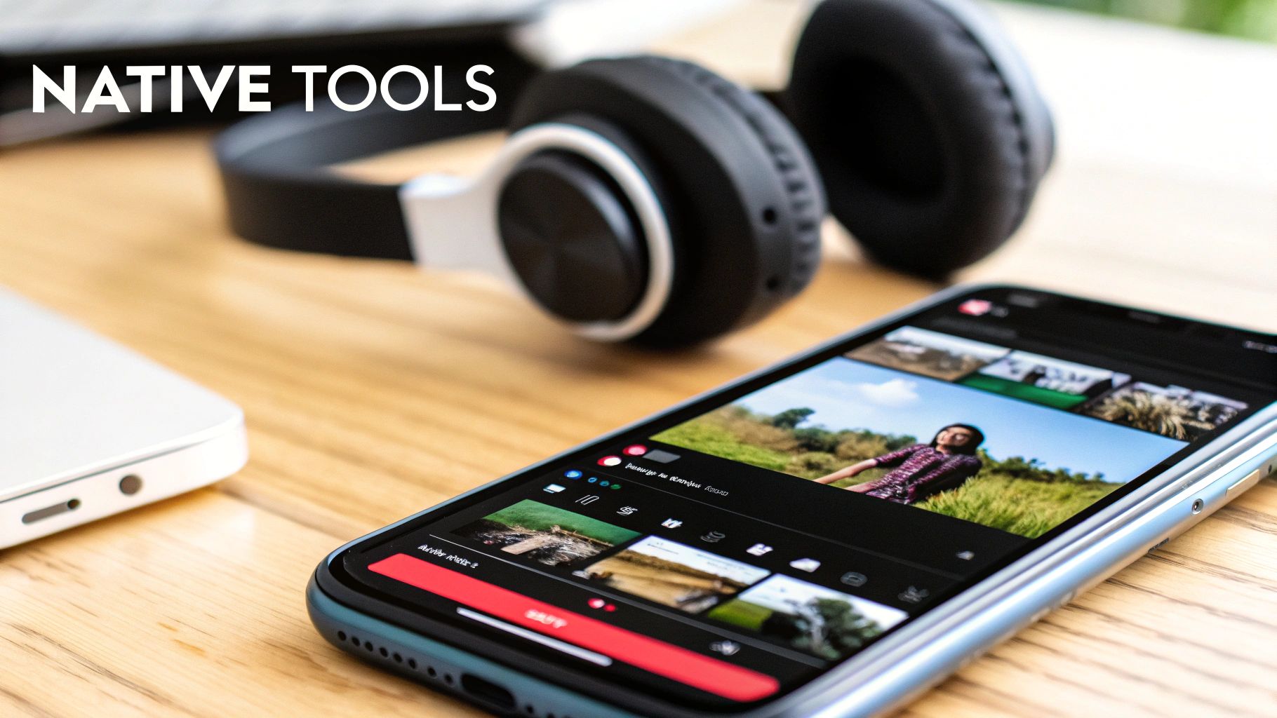 A smartphone on a wooden desk showing a video editing app, with headphones and a laptop. Text: Native Tools.
