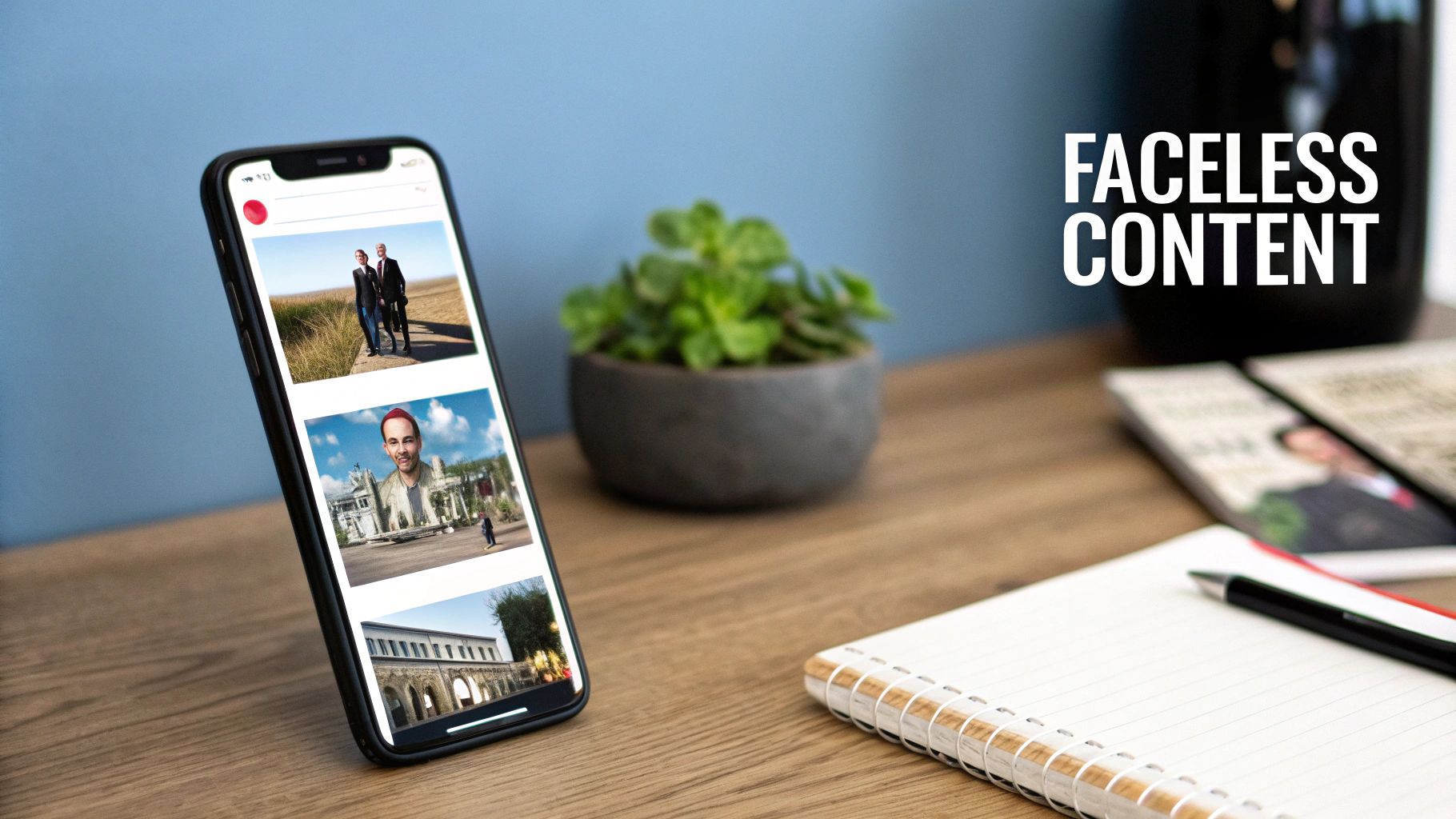 Smartphone showing various faceless content on a desk with a notebook and plant
