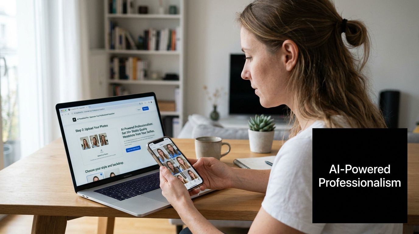 A woman using a laptop and a smartphone to create professional AI-generated headshots from her personal photos.