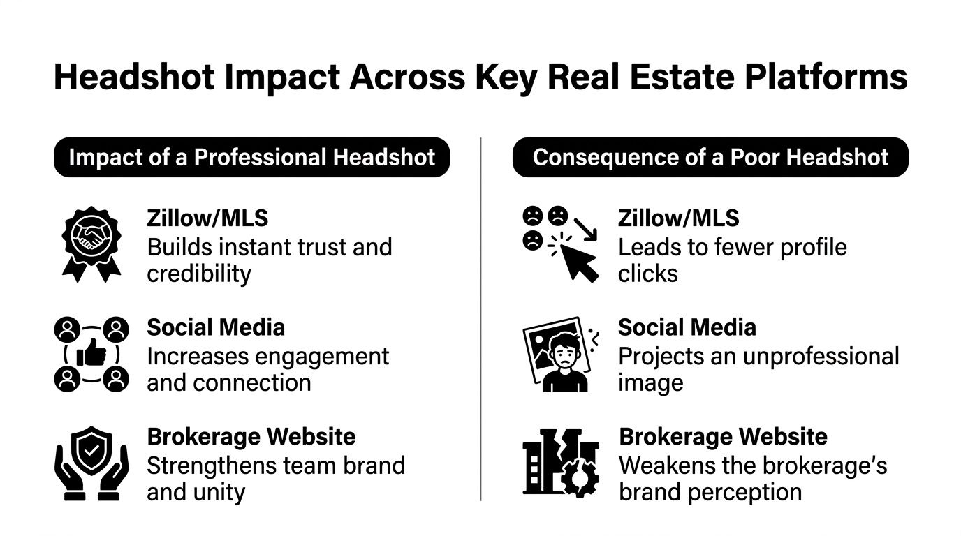 A comparison chart showing how professional realtor headshots improve trust compared to poor quality images.
