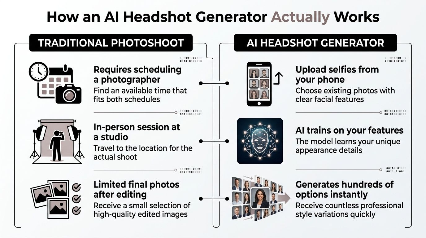 A comparative infographic showing the differences between a traditional professional photoshoot and an AI headshot generator.
