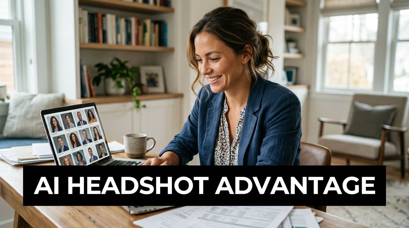 A woman working on her laptop in a home office, displaying multiple professional headshots on her screen.