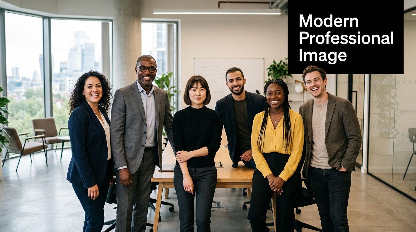 A diverse group of professional colleagues smiling confidently during a collaborative team meeting in a modern office.
