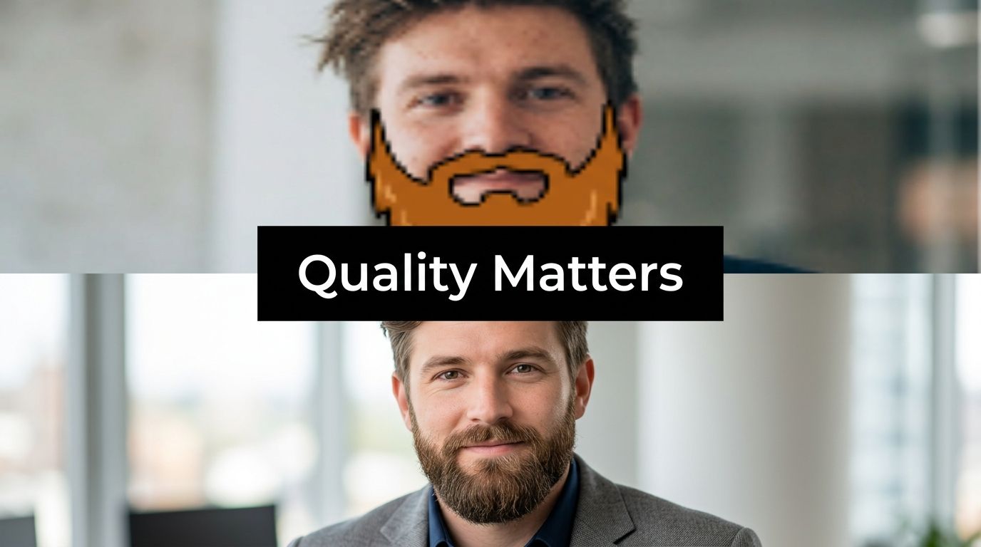 A comparison showing a man with a pixelated beard versus a realistic professional headshot for quality.