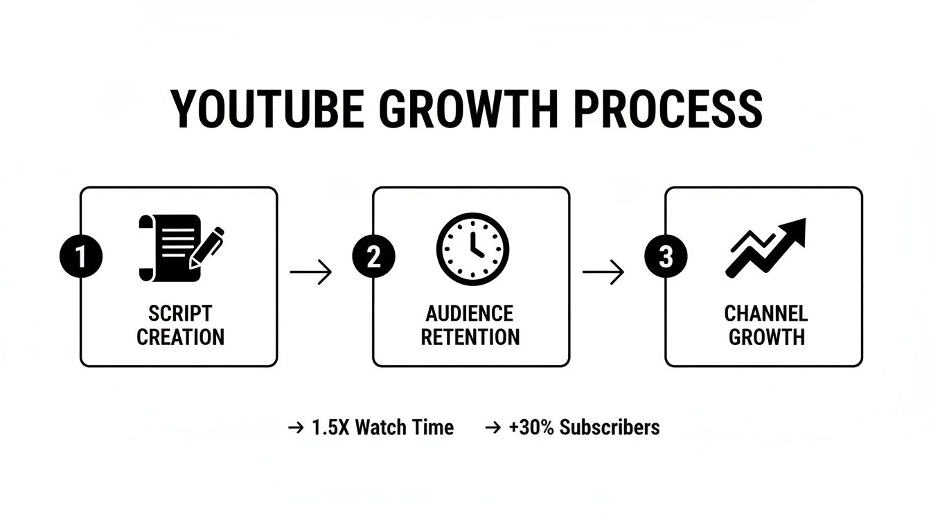 YouTube growth process flowchart illustrating script creation, audience retention, and channel growth leading to more watch time and subscribers.