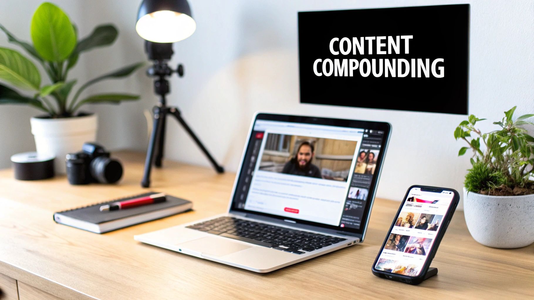 A modern desk setup for content creation with a laptop, smartphone, camera, and monitor.