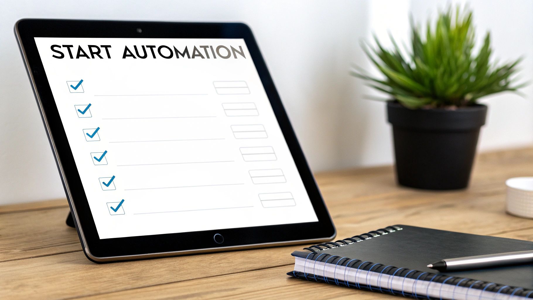 Tablet showing an automation checklist on a wooden desk