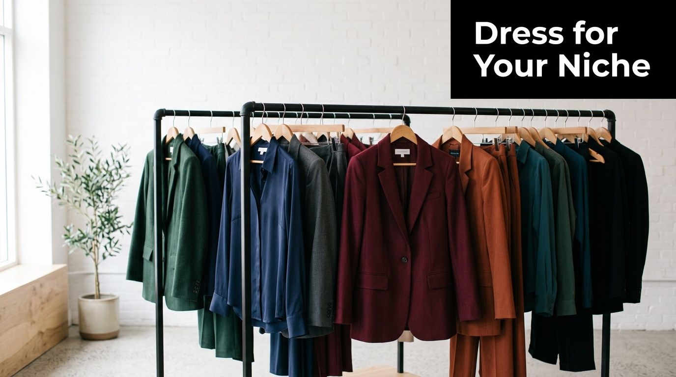 A clothing rack filled with professional blazers and suits in various colors in a minimalist studio.