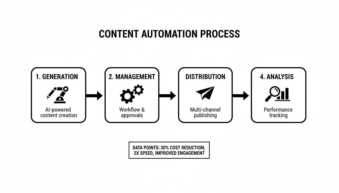 Flowchart showing the content automation process: generation, management, distribution, and analysis