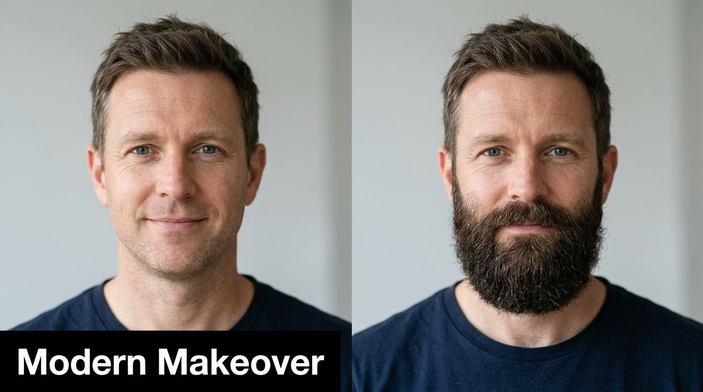 A comparison showing a man before and after adding a full beard to his face.