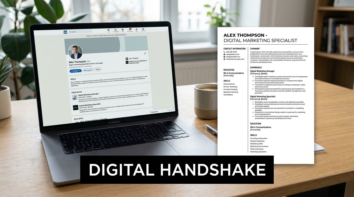 A laptop screen showing a LinkedIn profile next to a printed resume for a digital marketing specialist.