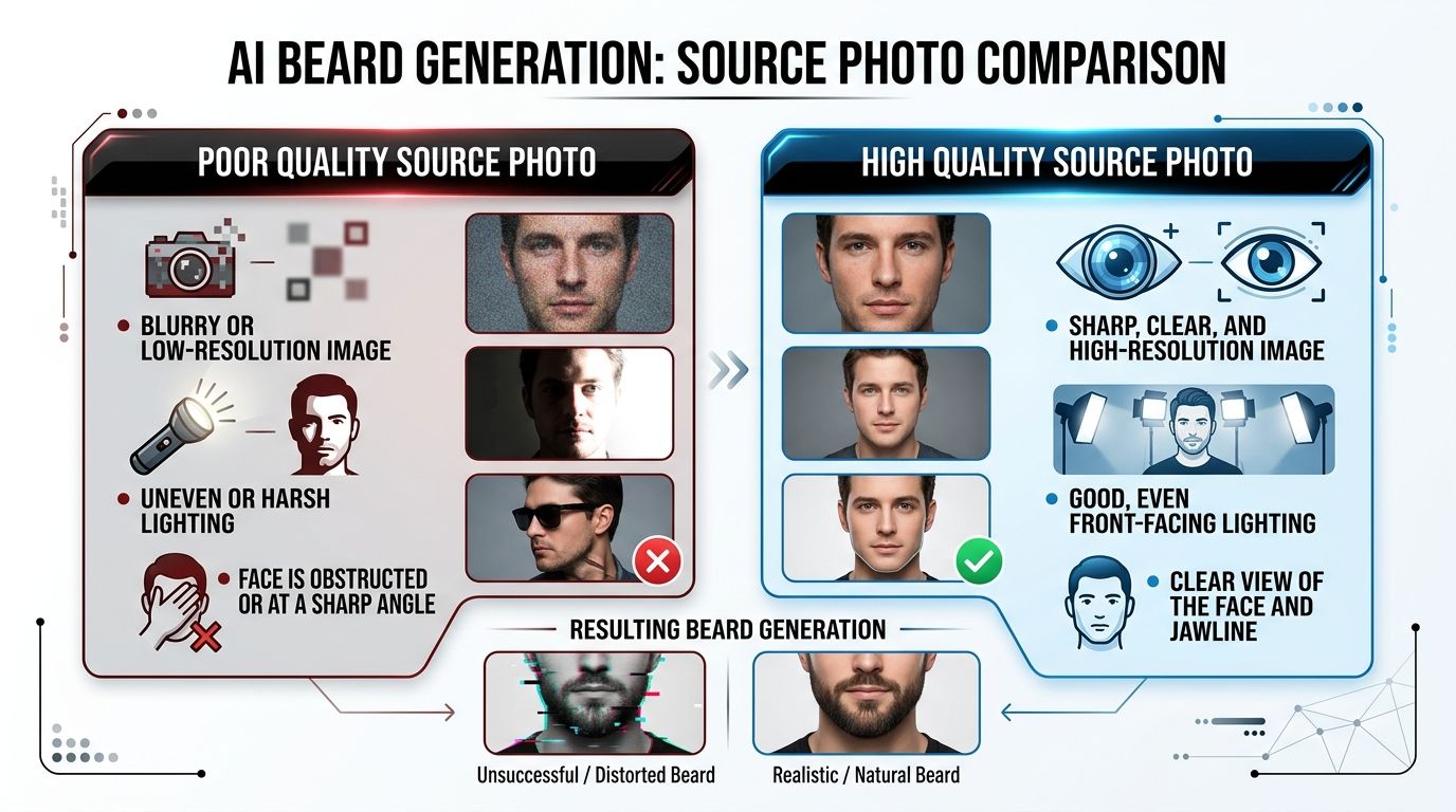 A diagram comparing the effects of poor versus high quality source photos on AI beard generation results.