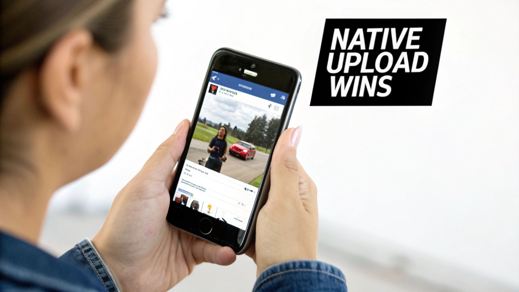 A person holds a smartphone, watching a video on Facebook, with 'NATIVE UPLOAD WINS' text overlay.