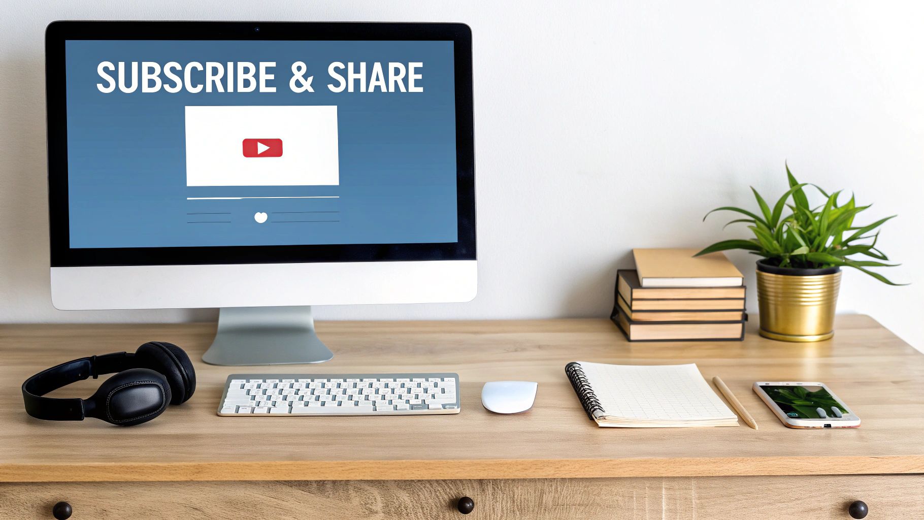 A modern desktop setup with a monitor showing 'SUBSCRIBE & SHARE' surrounded by office supplies and a plant.