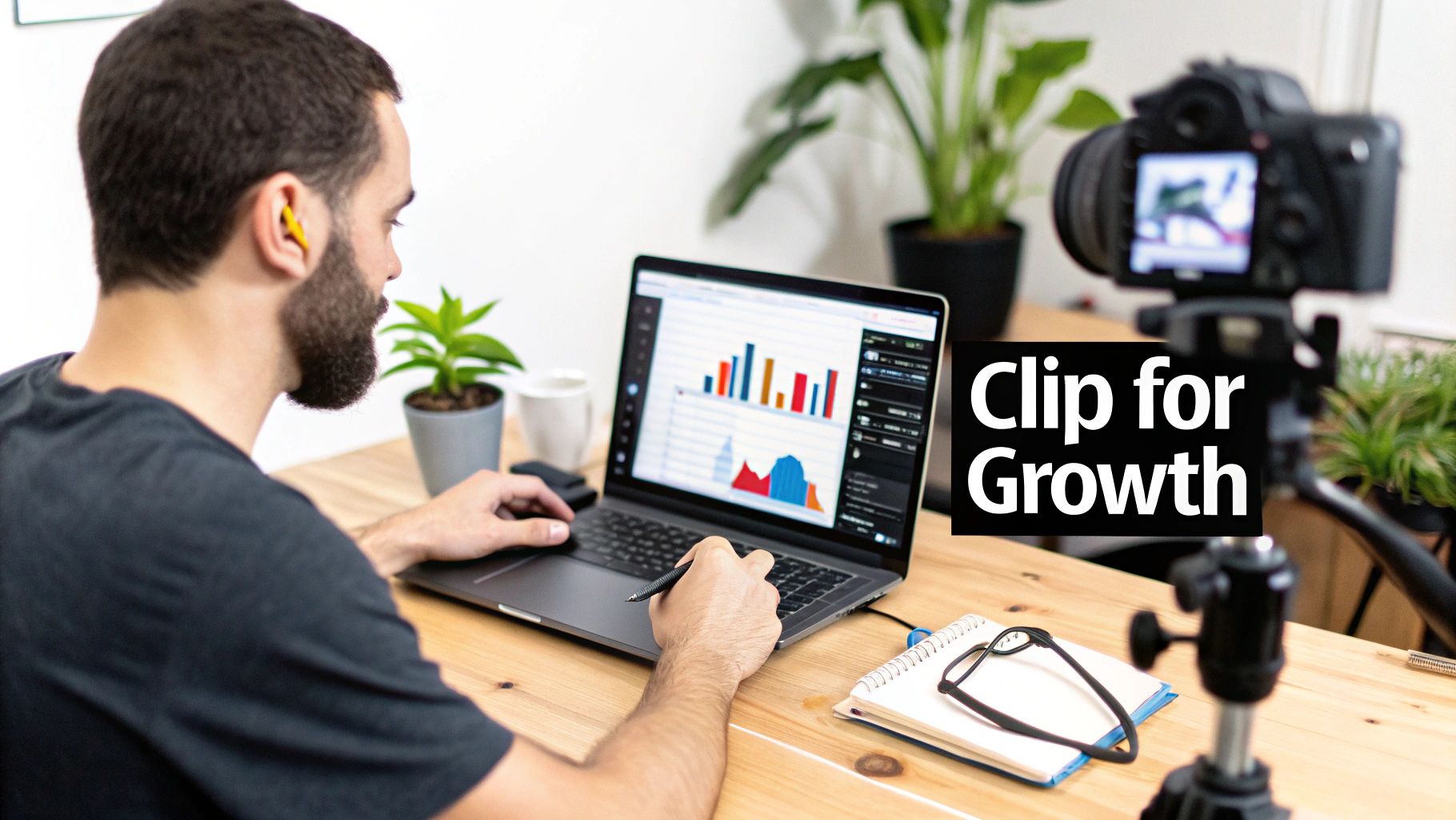 Man with beard and earplugs working on laptop, analyzing data for content creation with a camera setup.