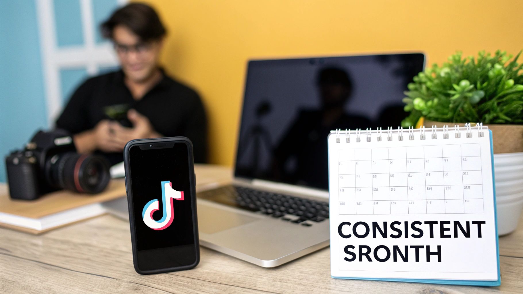 A desk with a smartphone showing the TikTok logo, laptop, camera, and a calendar saying 'Consistent Sronth'.