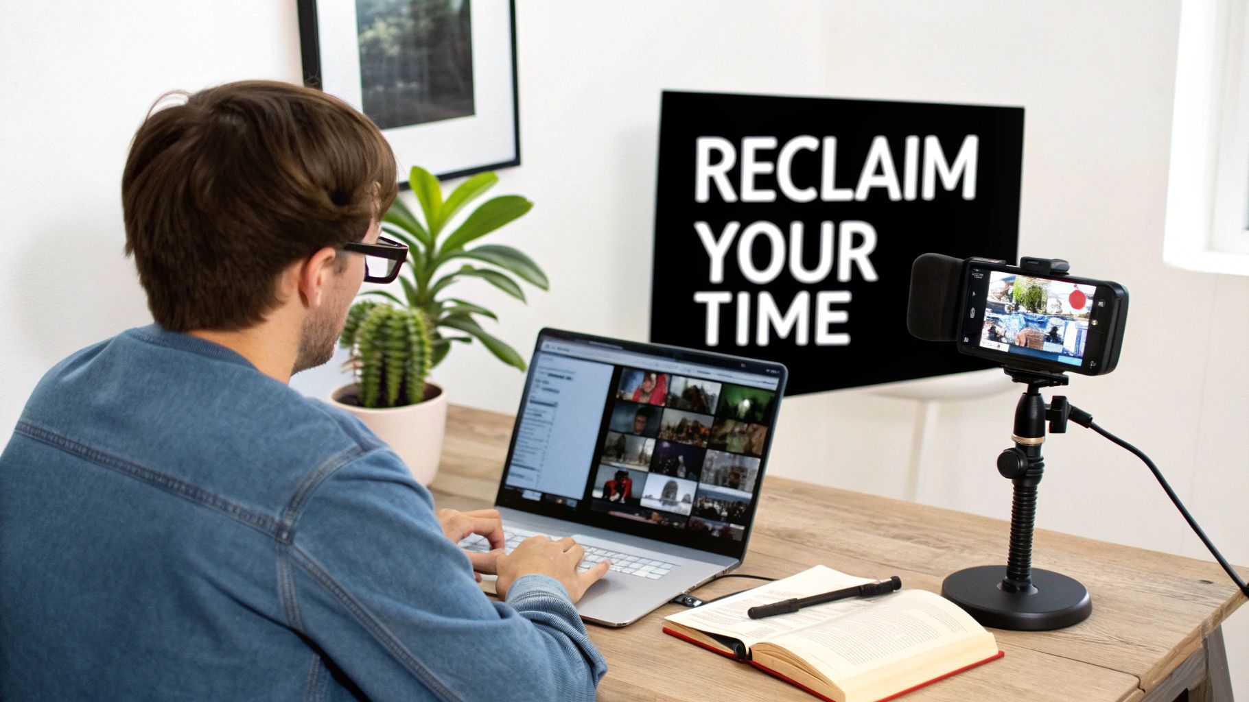 Man working on laptop in a home office with a video call, smartphone on a stand, and Reclaim Your Time sign.