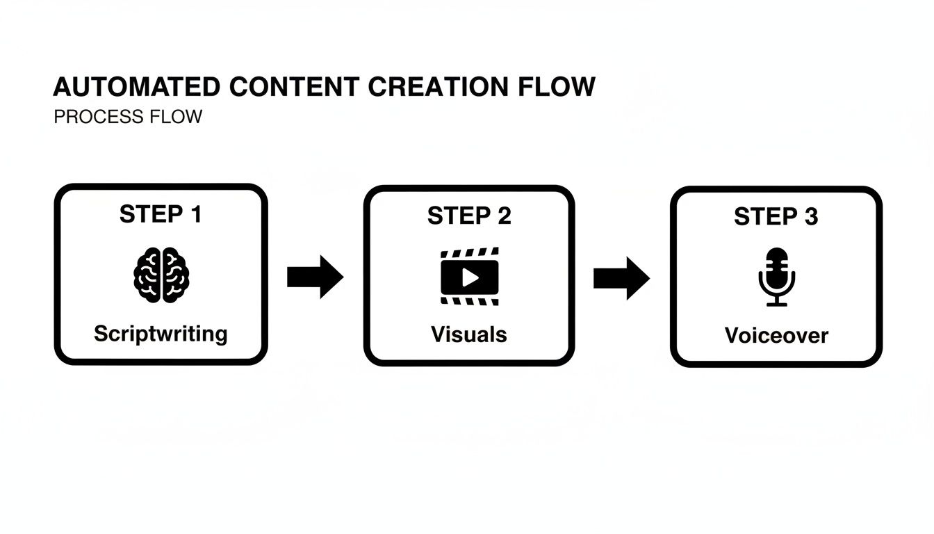A process flow diagram illustrating three steps for automated content creation: Scriptwriting, Visuals, and Voiceover.