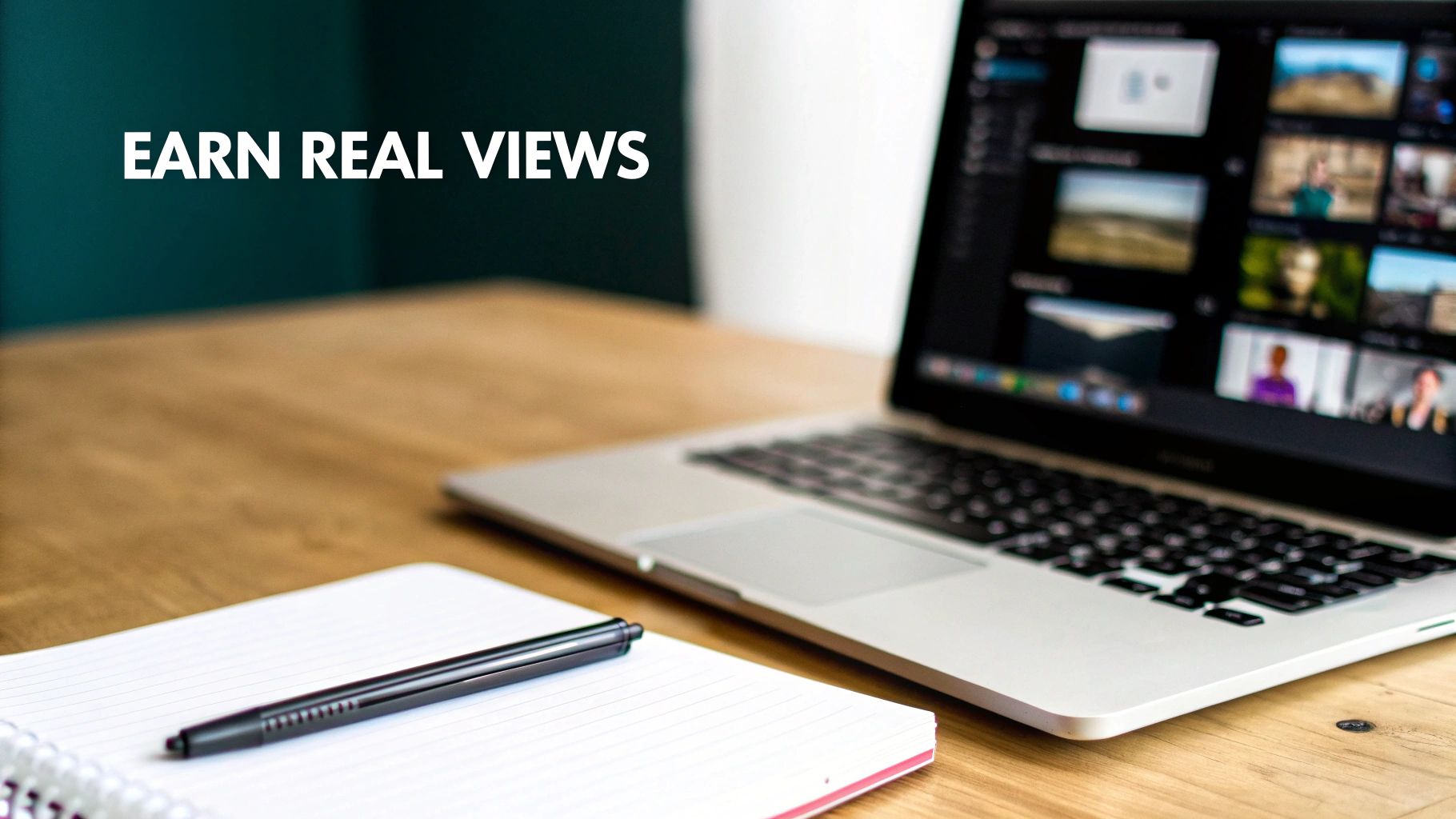 A laptop screen showing video thumbnails, a notepad, and a pen on a wooden desk, with text 'EARN REAL VIEWS'.
