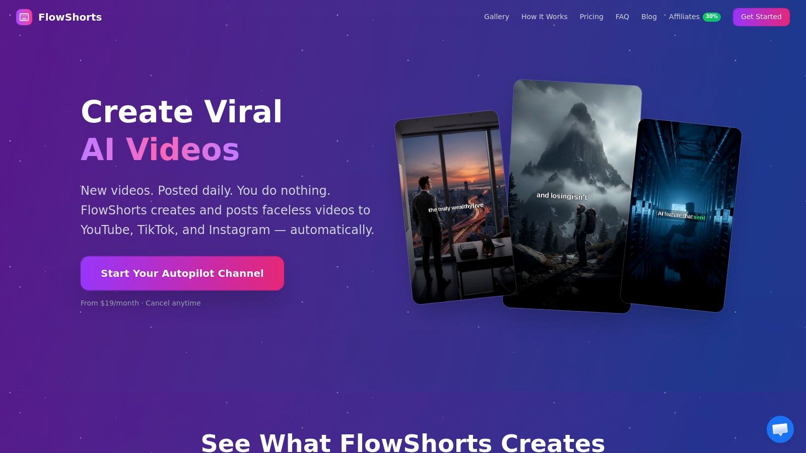 FlowShorts dashboard showing automated video creation