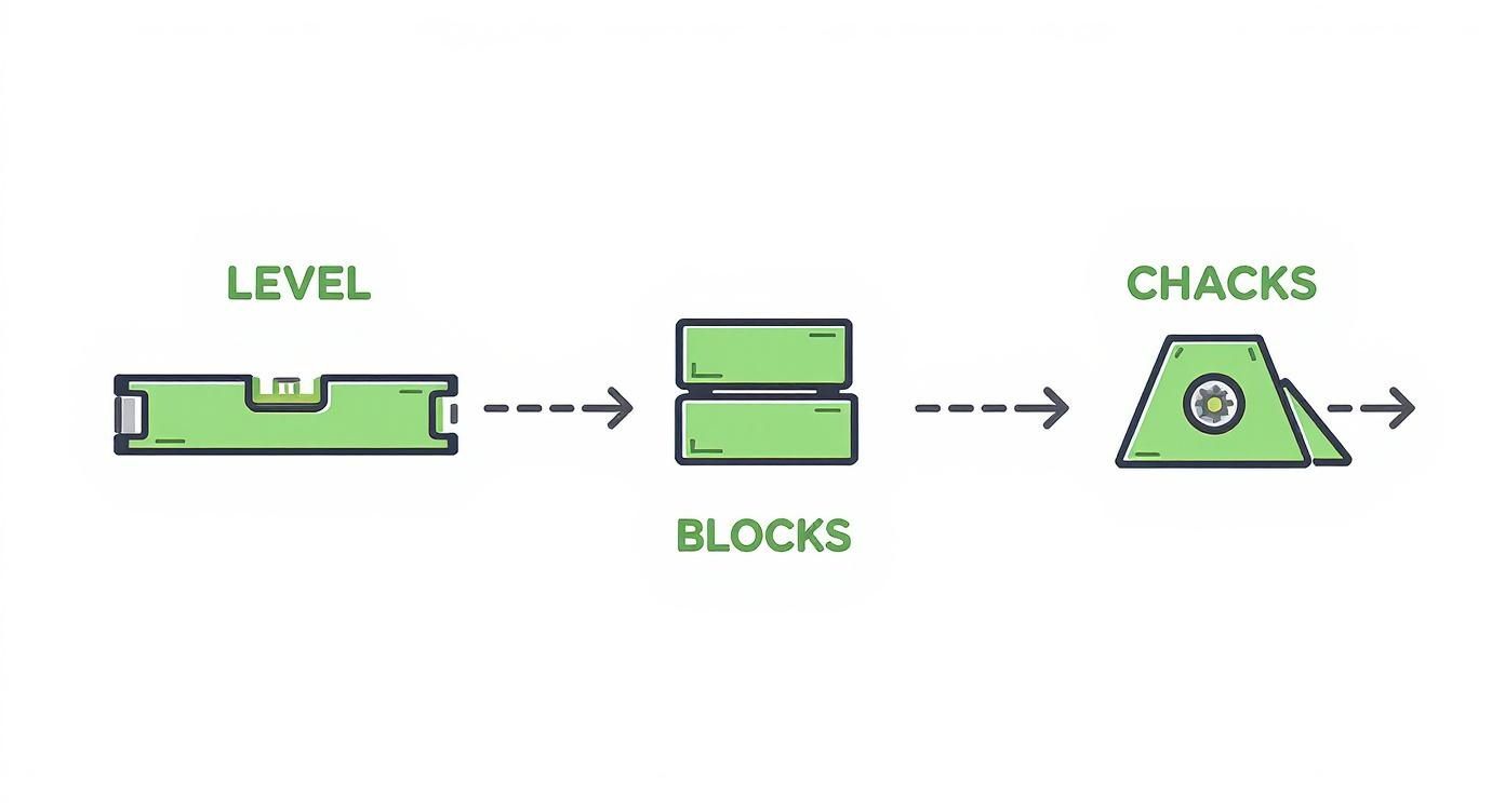 Infographic showing the process flow of using a level, blocks, and chocks for a travel trailer.