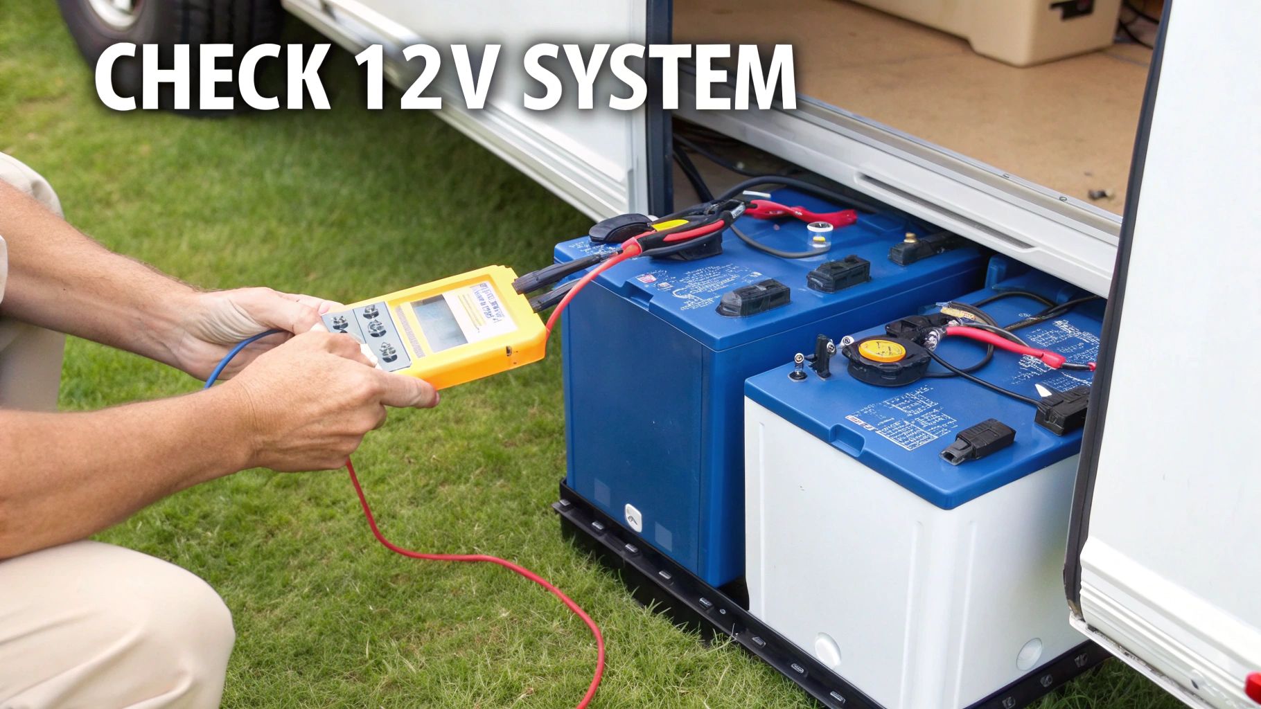 A hand using a multimeter to test an RV battery's voltage