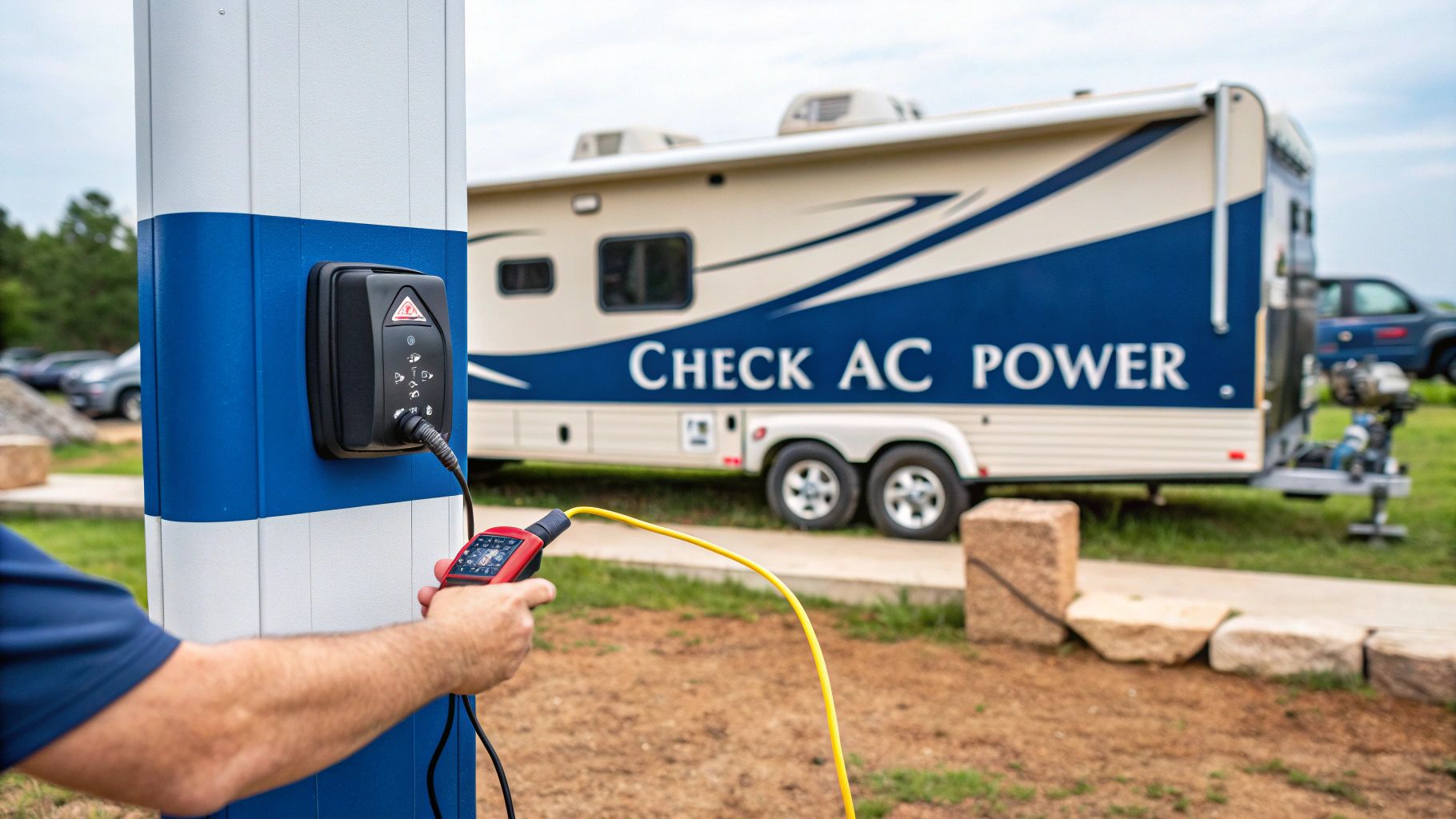 An RV electrical cord plugged into a campground power pedestal