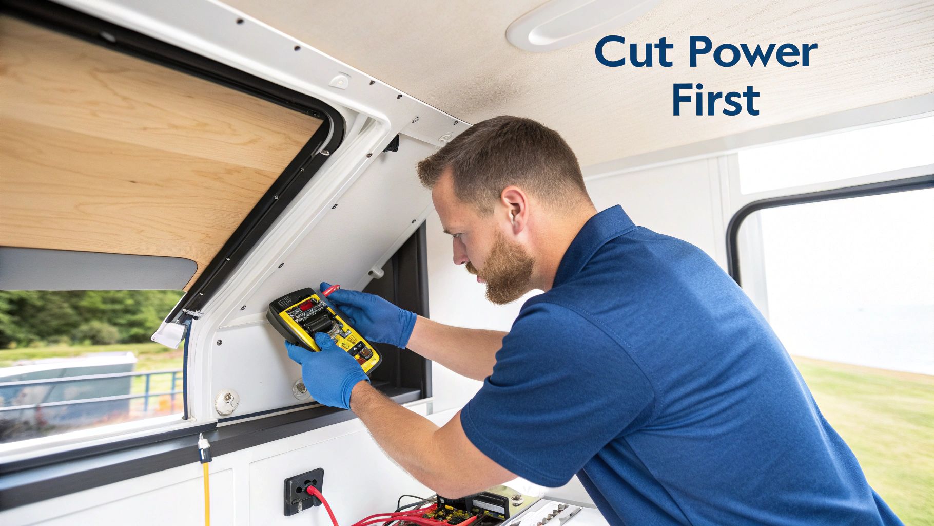 A person safely working on an RV roof to remove an old air conditioner unit.