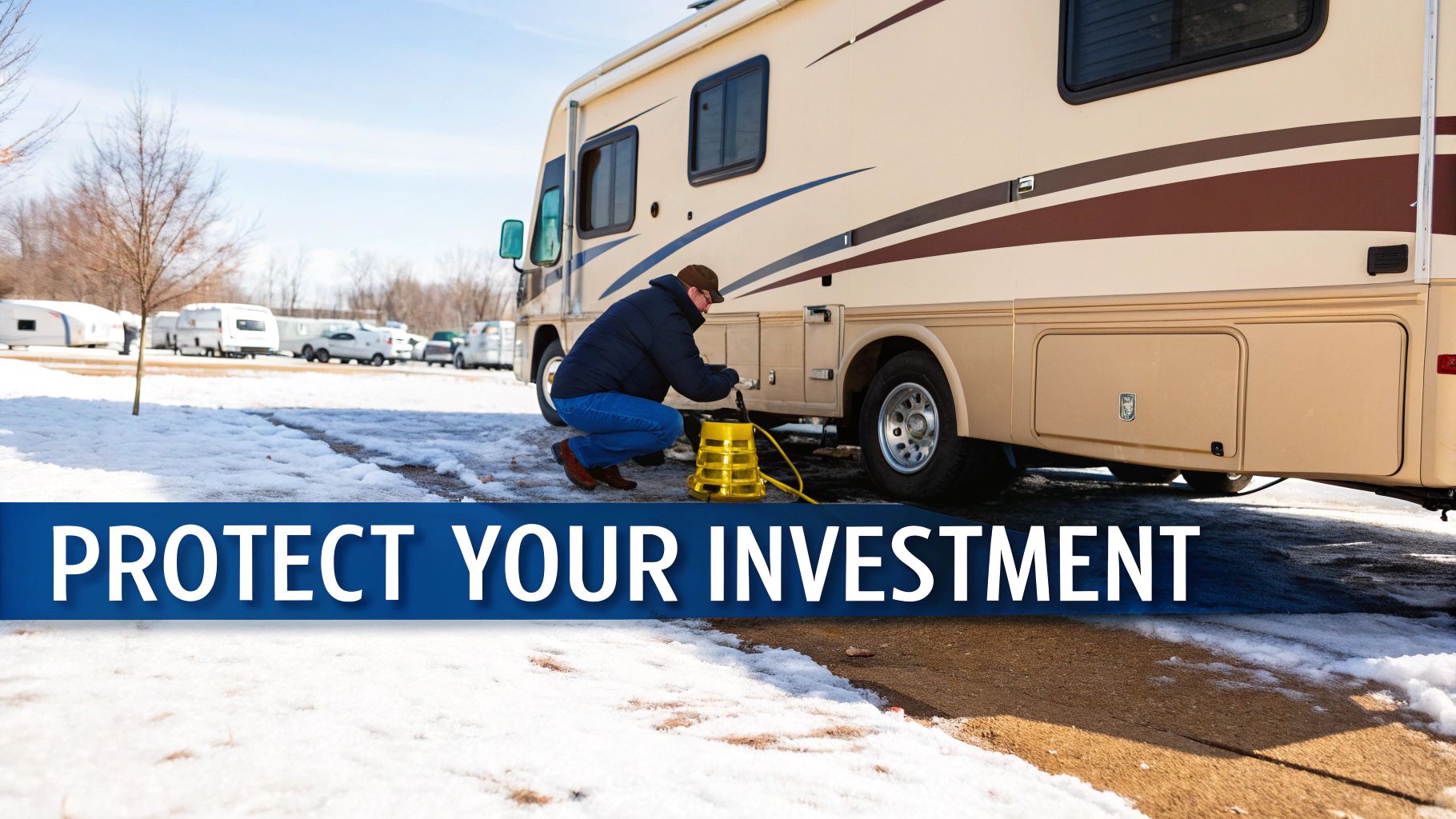 A person connecting a hose to an RV's water system in a snowy environment.