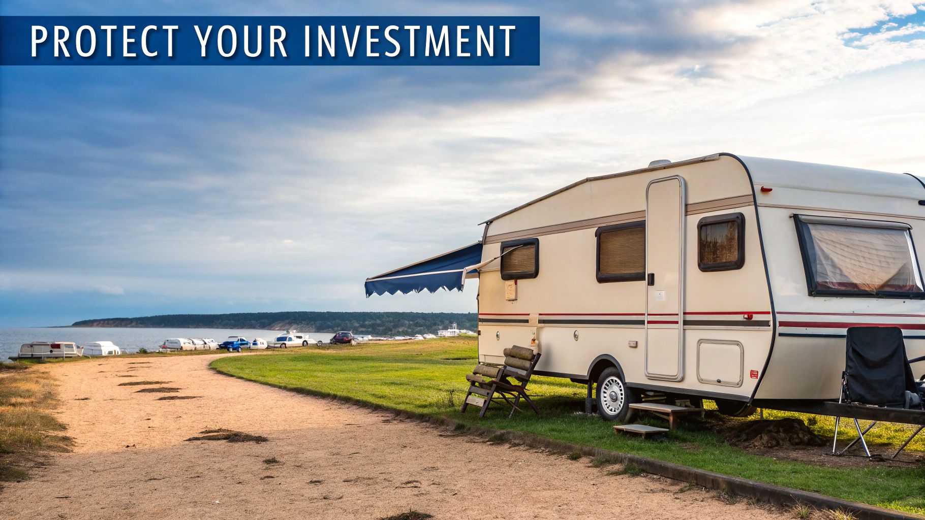 A travel trailer parked in a scenic, wooded campsite, demonstrating a real-world setup scenario.