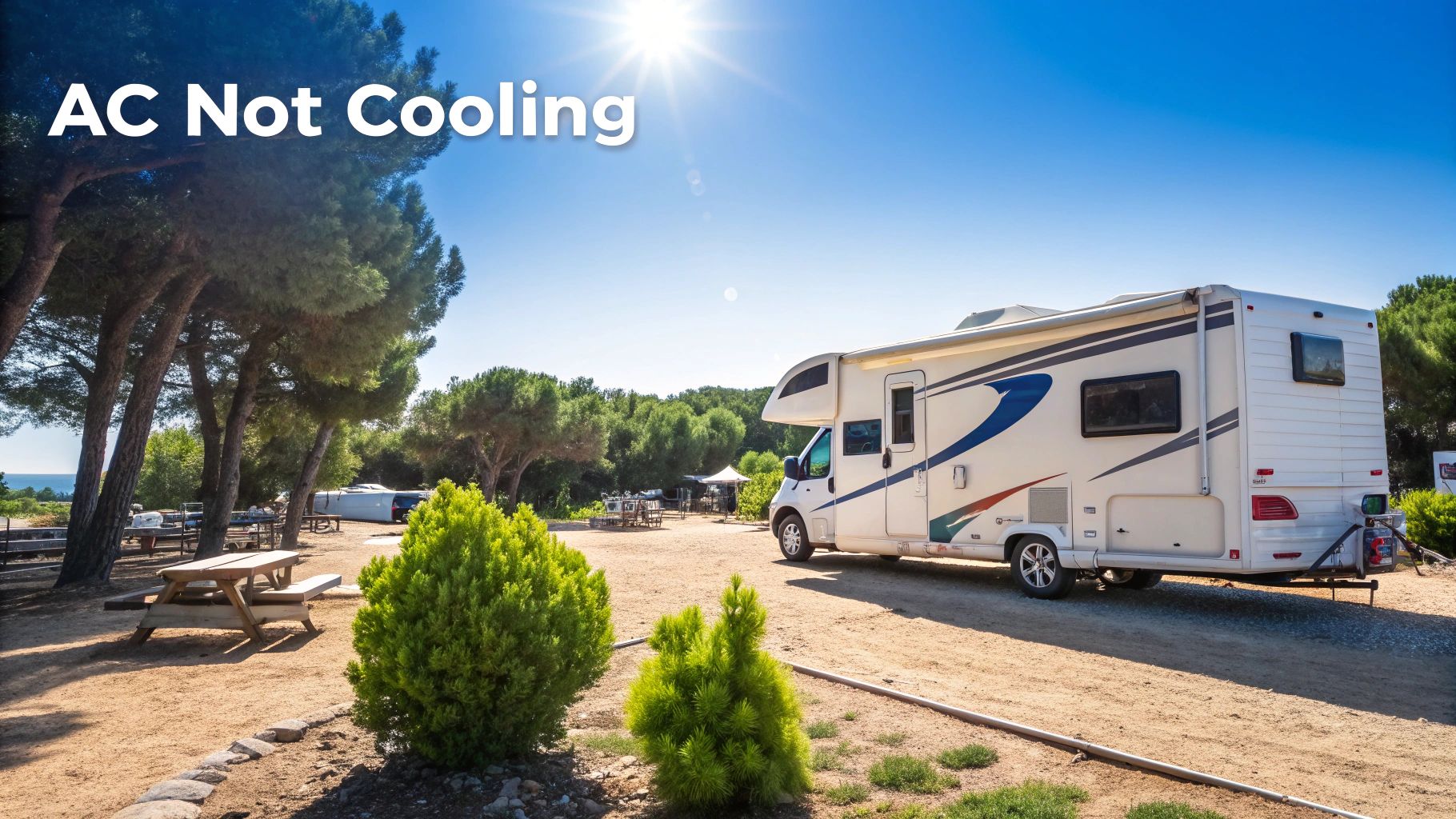A close-up of an RV air conditioner unit on the roof of a motorhome.