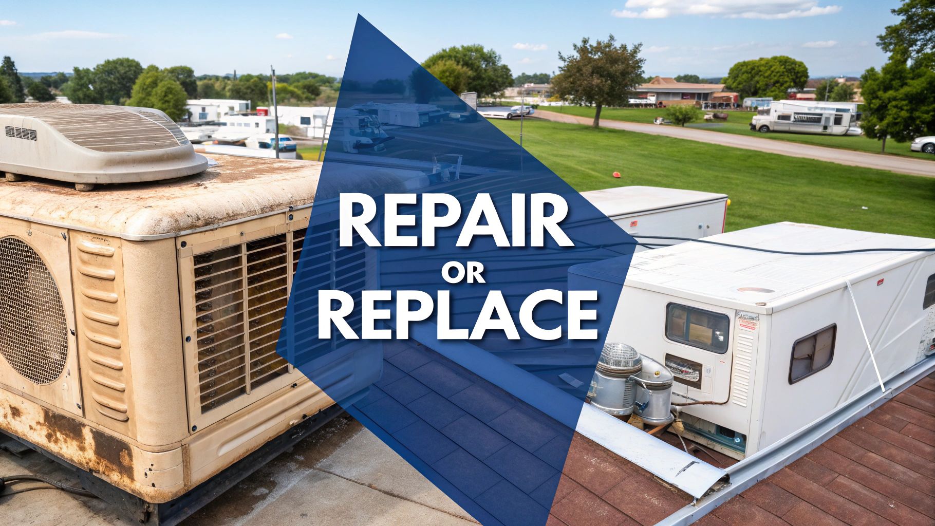 An RV parked in a scenic location with a new air conditioner on its roof.
