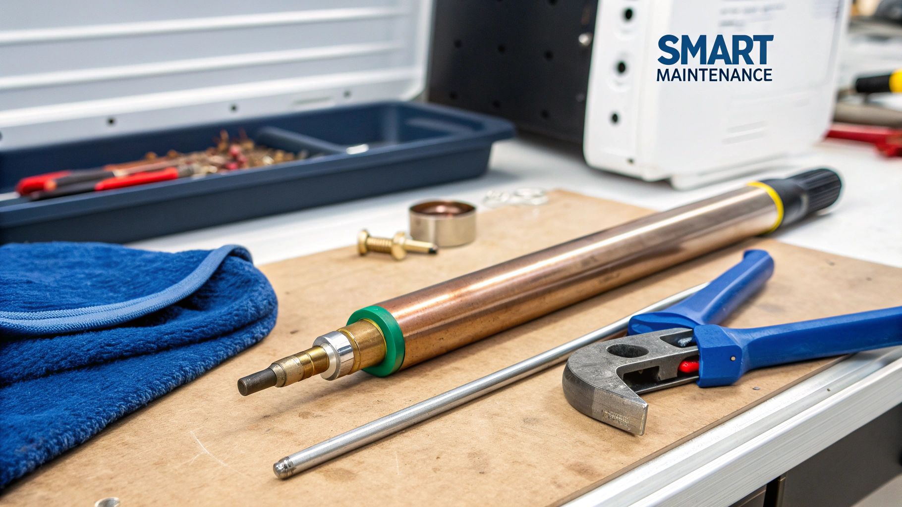 A person inspecting an RV water heater with a wrench in hand.